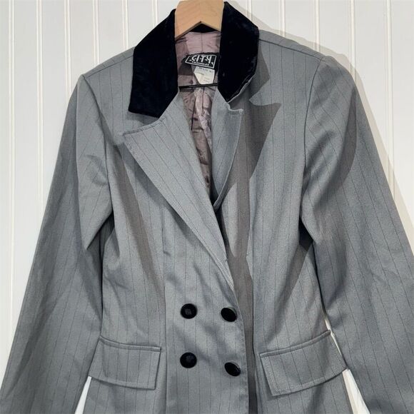 Vintage City Triangles Blazer Women’s 5 Gray Pinstripe Velvet Collar 80s 90s USA - Picture 2 of 10